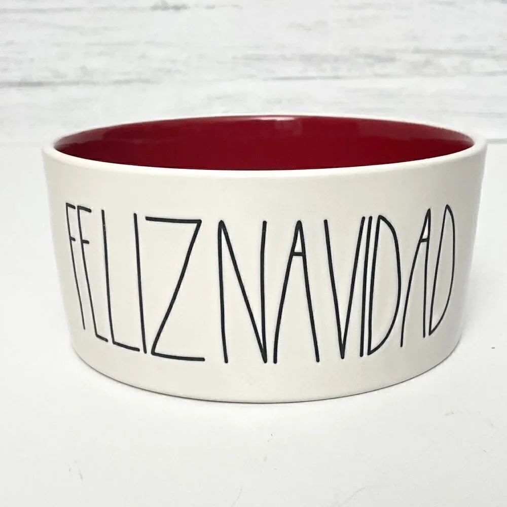 Rae Dunn White and Red Ceramic Dog Dish Christmas Feliz Navidad Dog Cat Bowl